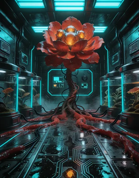 giant red biomechanical flower illu
