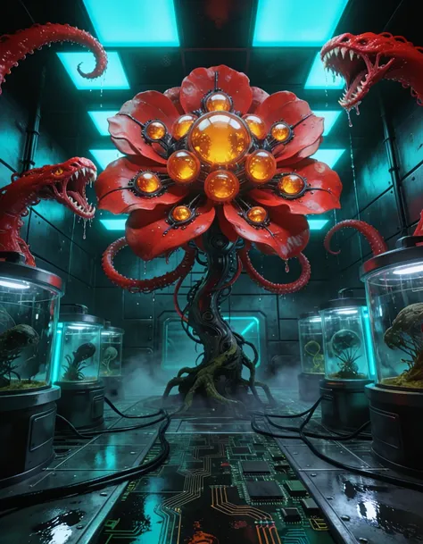 giant red biomechanical flower aggresive