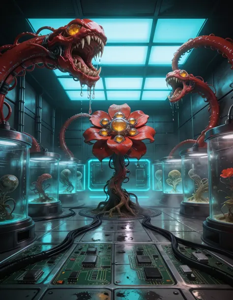 giant red biomechanical flower aggresive pony