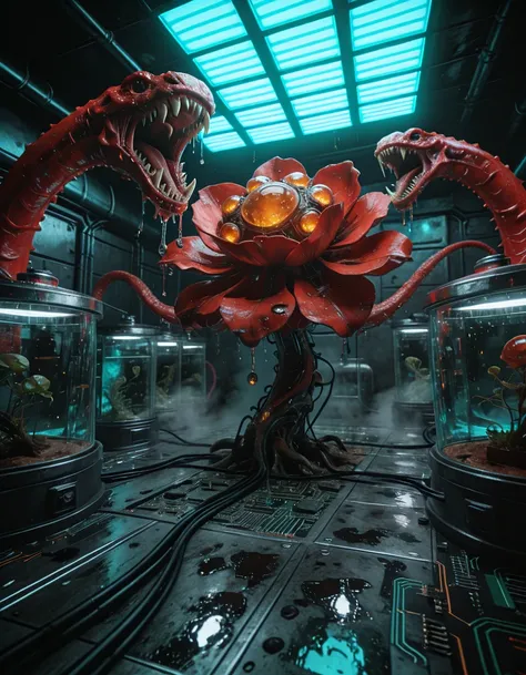 giant red biomechanical flower aggresive illu
