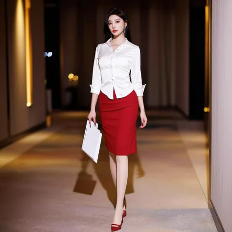  z-image turbo Glamorous Office Lady Aesthetic – White Tight Shirt, Red Mini Skirt And Lace Garters
