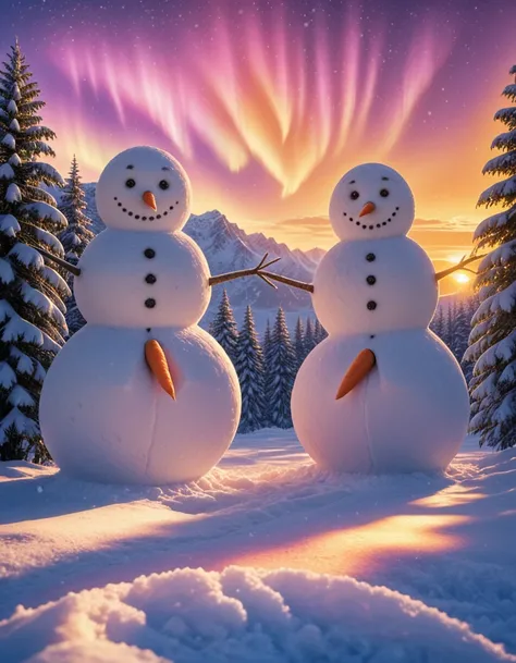 snow-covered pine forest at dusk