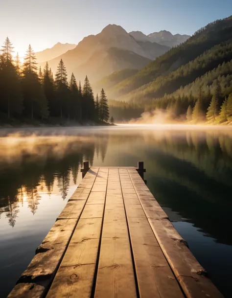 wooden dock on calm mountain lake pony