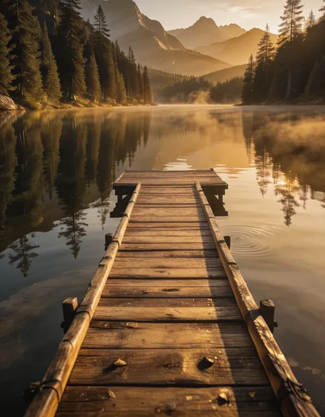 wooden dock on calm mountain lake illu