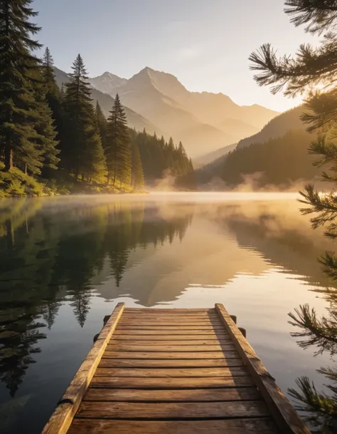 wooden dock on calm mountain lake