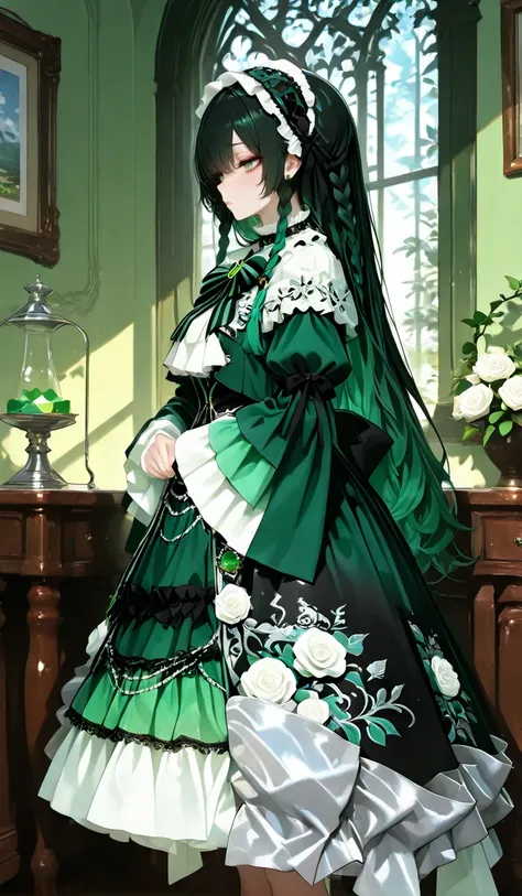 Emerald Rose Embroidery Gothic JSK With Puff Sleeve Bolero Set