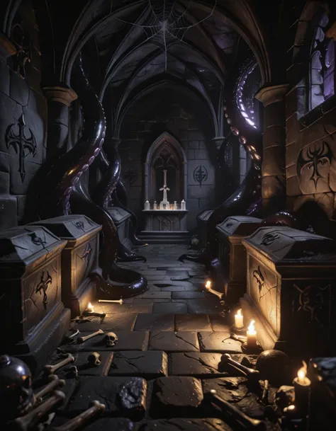 dark stone crypt beneath church altar illu