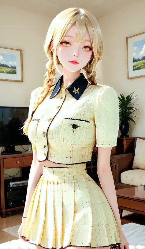 Pale Yellow Tweed Grid Two Piece Mini Skirt Set