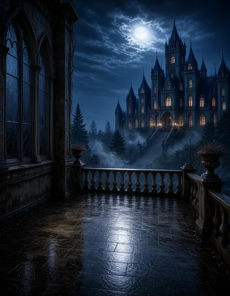 empty gothic mansion balcony at night
