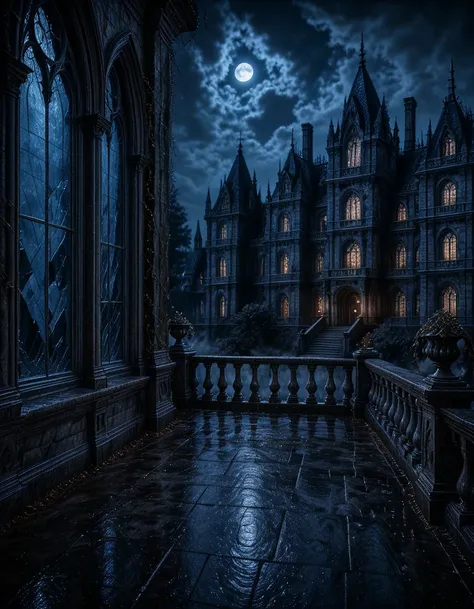 empty gothic mansion balcony at night illu