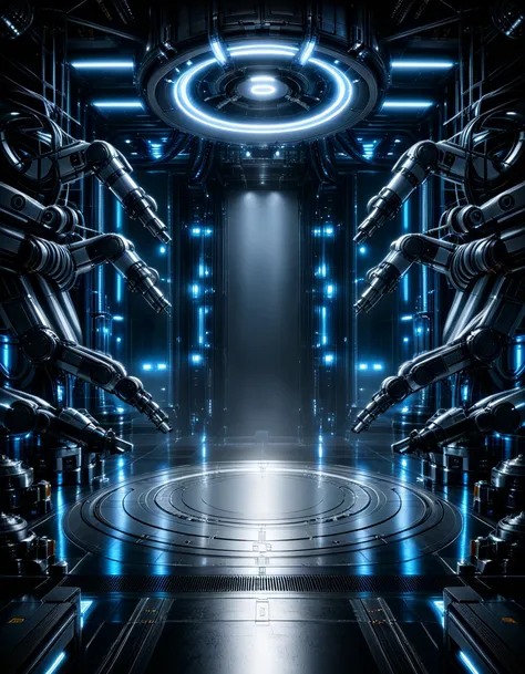 cyberpunk robot assembly bay