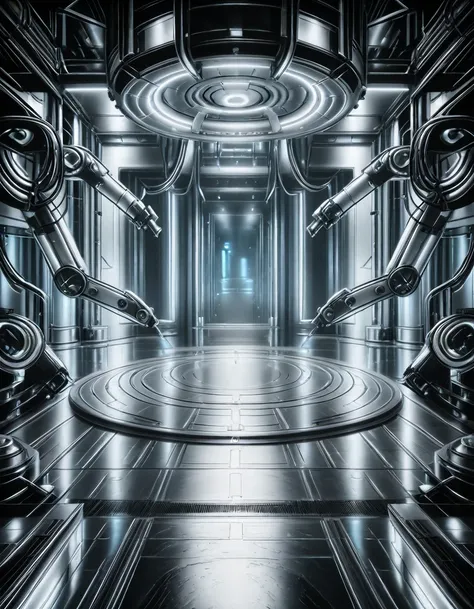 cyberpunk robot assembly bay illu