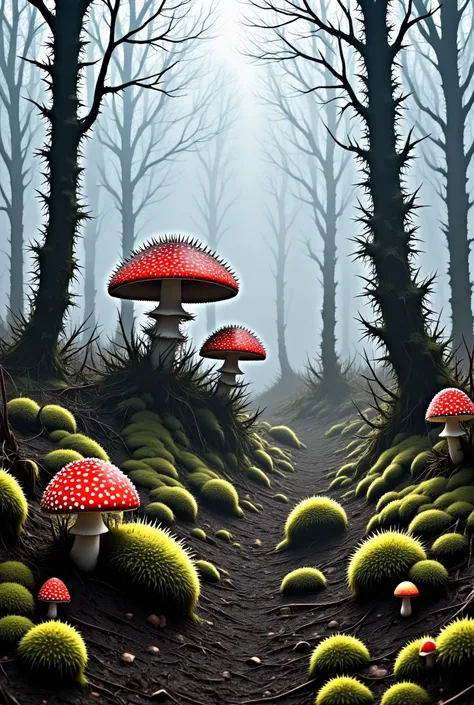 Eldrish Shroom in Eldrish forest Magic land with dry trees fog and moss