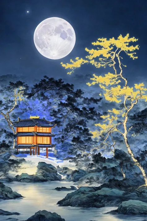 山间皎月梦幻绘画