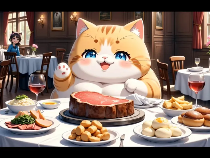 Giant Cat and Steak Dinner