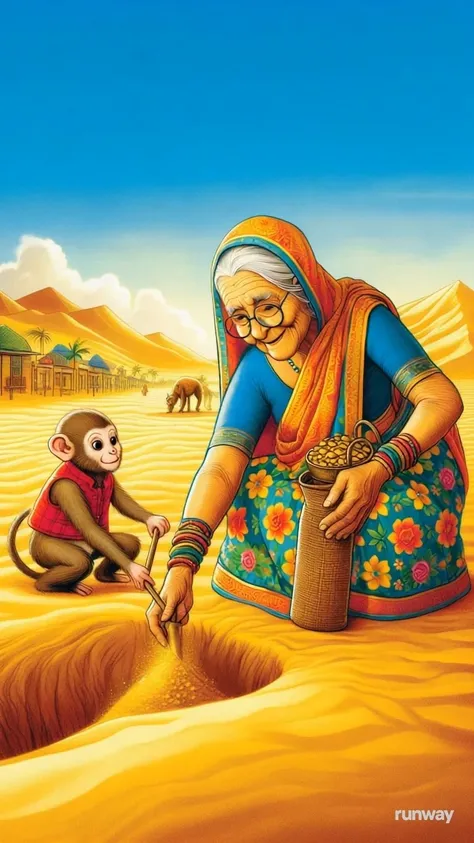 Monkey and grandmother digging the ground