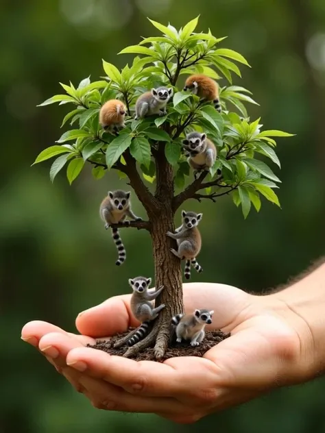 A small tree has grown in the palm of a person's hand
