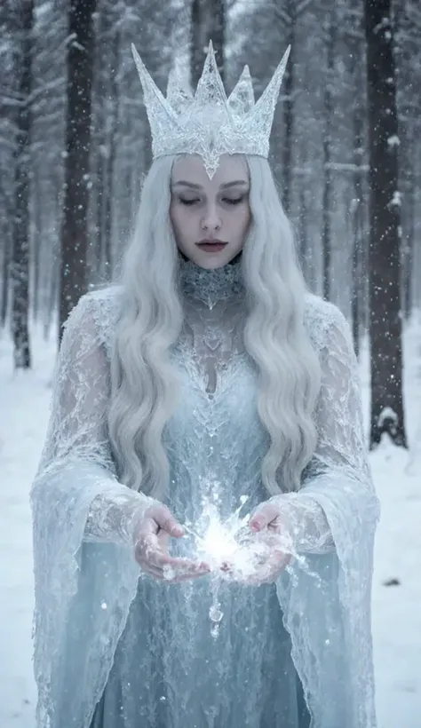 mujer con cabello plateado en un bosque nevado