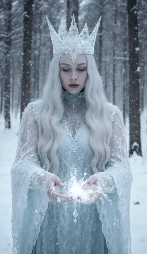 wanita dengan rambut perak di hutan bersalju
