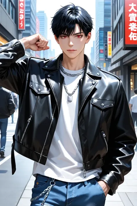 Maglietta bianca e jeans, Uomo che indossa una giacca di pelle lucida