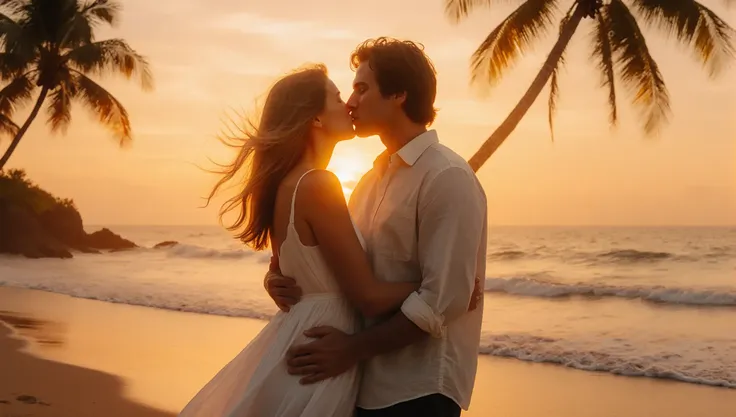 Pôr do sol na praia com um beijo