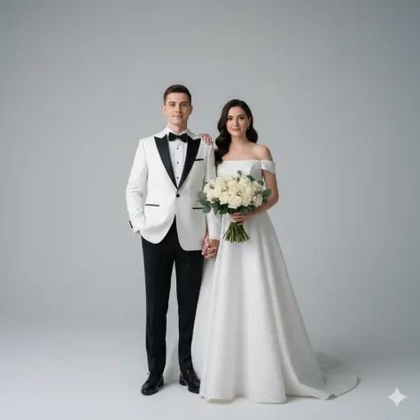 Una sposa e uno sposo in un ambiente studio moderno e minimale
