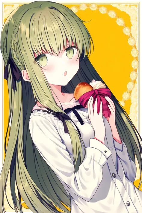 cecilia,1girl,alternate hairstyle,bangs,black ribbon,border,braid,collarbone,dutch angle,food,green eyes,green hair,hair ribbon,...