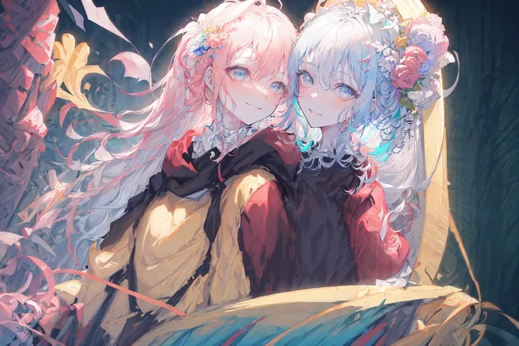 masterpiece,best quality,best quality,Amazing,beautiful detailed eyes,1girl,finely detail,Depth offield,extremely detailed CG unity 8k wallpaper,masterpiece,upper body,(vtuber minato aqua),pink hair,blue streaked hair, palace,holy,white long split mop dres...