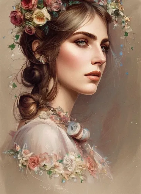 charlie bowater realistic lithography sketch portrait of a woman, flowers, [gears], pipes, dieselpunk, multi-colored ribbons, ol...