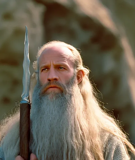 analog style movie still of Jason Statham as Gandalf