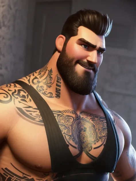 pixarstyle a waist-length portrait of a stocky guy in a black t-shirt, arm tattoos, natural skin texture, 4k textures, hdr, intricate, highly detailed, sharp focus, cinematic look, hyperdetailed