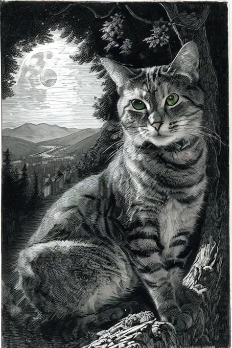 A (nkoctst) cat looks from a mountaintop, mountains, gorgeous view, velly distant forest, distant city, distant glow, night, moon, dramatic light, chiaroscuro, long shadows, dark, masterpiece, high detail, detailed, illustration by paul gustave dor, green ...