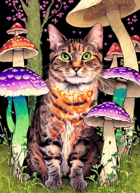 (((nkoctst))) surrounded by colorful mushrooms, art by sam spratt, dan mumford, artem demura and alphonse mucha, psychedelic, alex grey, in a forest, green eyes