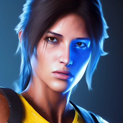 (laracroftsd) as scifi character with blackcyberpunk jacket with glowing blue details, short blue with yellow streaks hairstyle,...