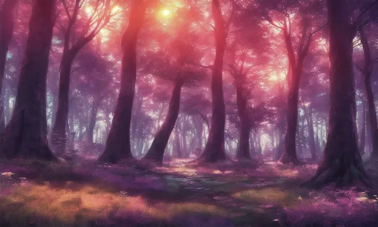 a gorgeous magical forest, sunset , spectacular, breathtaking, gorgeous, beautiful, (lndskp style) and (redshift style:1.2) and ...