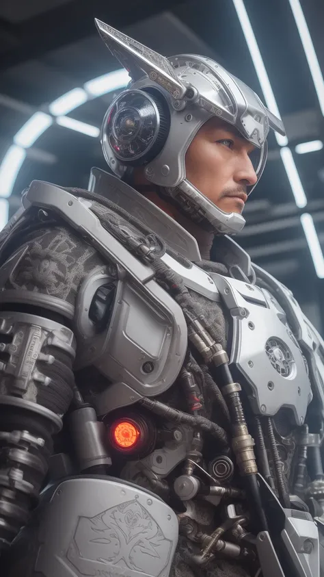 man in samurai armor with fur around the neck and waist, wearing devil helmet, dusty detail ornaments, battle weary, cyborg man | with a visible detailed brain | muscles cable wires | biopunk | cybernetic | cyberpunk | white marble bust | canon m50 | 100mm...