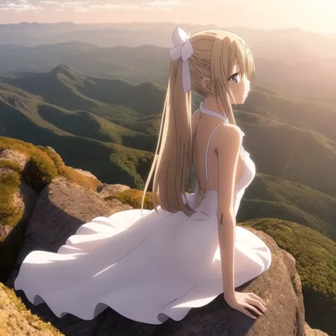 1girl, (anime style:1.2) of a woman standing on the edge of a mountain, inspiring, hair ribbons, eyes close, bending over, weari...