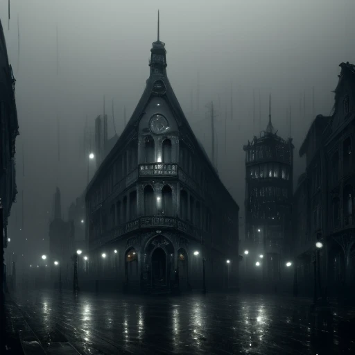 an old victorian city with rainy atmosphere and moody and cinematic lighting, in (reasonabledrink: 1.2) style