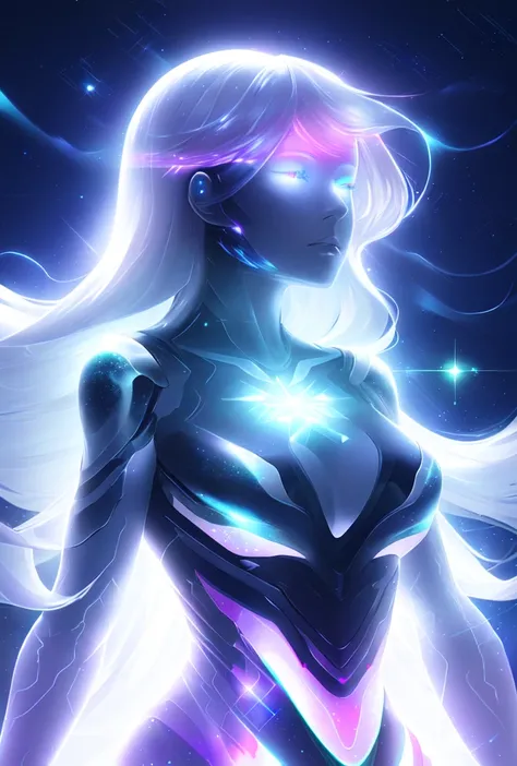woman,long hair ,sunlight ,medium breasts, iridescent dress, glowing stars, A digital illustration, glowing stars, defraction spikes, chromatic aberration, AND (glowing, holofoil:0.6), <lora:LuisapCelestialGodsLora_v1:0.55>