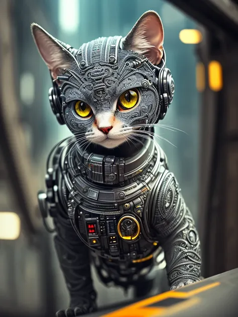 a cute kitten, curious++, cyborg+, cyberpunk style, (intricate details)++, hdr, (intricate details)+, (hyperdetailed)+, cinemati...