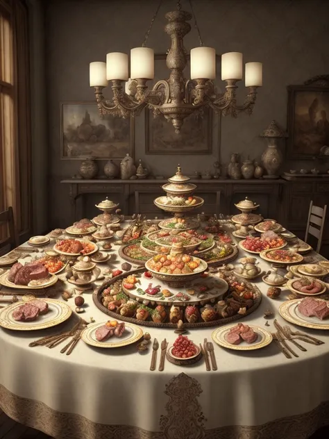 a long banquet table, intricate+, filled with meats, fruits, pasteries, fine china dishes. hdr, by rembrandt 1667 and artstation...