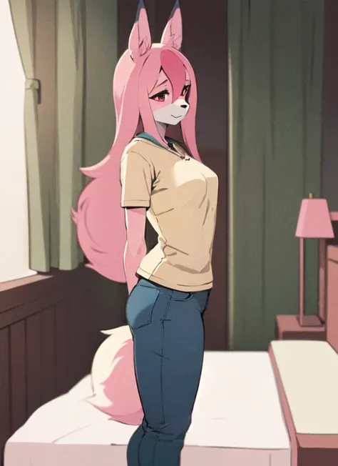 nazuna hiwatashi, 1girl, ((bedroom)), solo, pink hair, body fur, fox ears, fox tail, high res, clothed, furry, sharp focus, pant...