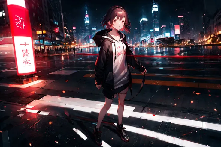 ((masterpiece, best quality)), best aesthetic, mksks style, very detailed background, 1girl, solo, full body, hoodie, hood down,...