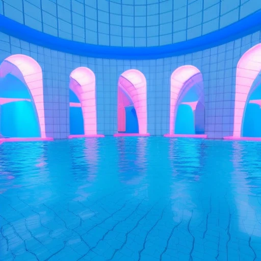 ((scrpoolrooms) arches lit with blue and pink neon lights, white walls, reflection, rtx, octane render