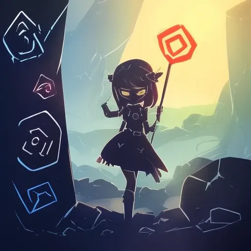 (darkflatartai)++ a girl with bright eyes between rocks with runes