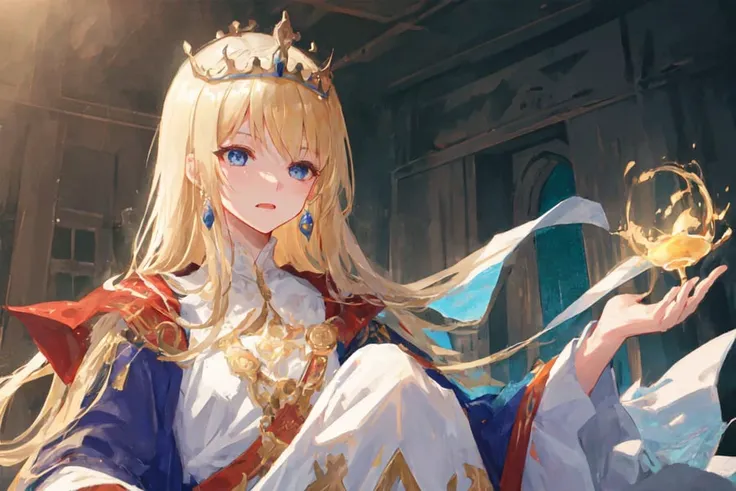 masterpice, (best quality), ((best detailed)), depth of field, a beautiful girl, beautiful face, golden blonde, rage face, blue eyes, tiara, pure white dress, focus on camera, body covered dress, in kingdom, indoor, an enthronement ceremony, a banquet,