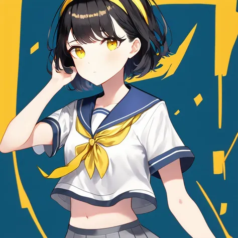 (masterpiece,newest,exceptional:1.2),1girl, black hair, blue sailor collar, grey skirt, hairband, midriff, navel, neckerchief, s...