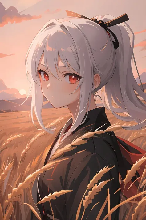 masterpiece, best quality, 1girl, portrait, white hair, ponytail, red eyes, samurai, wheat landscape, sun, clouds, (neutral colo...