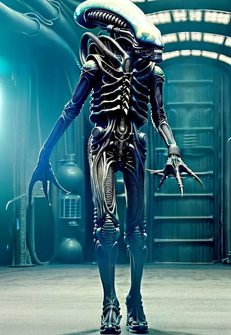 ASCII8k full body photo of bigbadejo alien_monster walking through a (industrial futuristic room, (aged sci-fi elements), retro 70sdisplay panels), volumetric lighting, depth of field, ray tracing, subsurface scattering