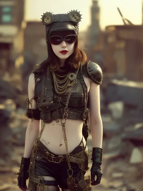 cute thiny girl, mask, postapocalypse warrior, leather, leather straps, rivets, chains, ropes, bronze, corrugated tubes, against...